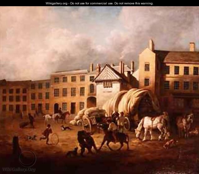 18th Century Town Scene with Figures and Horses in a Yard - George Garrard