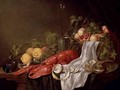 Still life of fruit and a lobster on a cloth draped table - Jasper Geerards