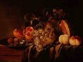 Still life of melon grapes pomegranate walnuts on a pewter plate and peaches - Jasper Geerards