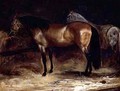 A Bay Horse at a manger with a grey horse in a rug - Theodore Gericault