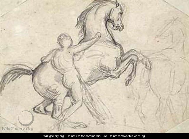 Rearing stallion held by a nude man - Theodore Gericault