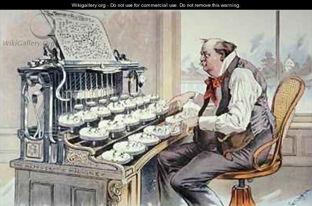 The Administration Typewriter cartoon for Judge magazine showing Grover Cleveland constructing his platform for his second term in office - Bernard Gillam