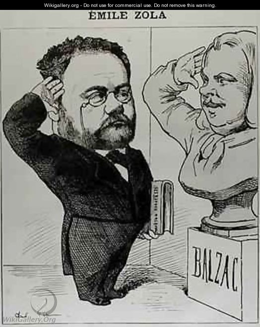 Caricature of Emile Zola 1840-1902 Saluting a Bust of Honore de Balzac 1799-1850 - Andre Gill