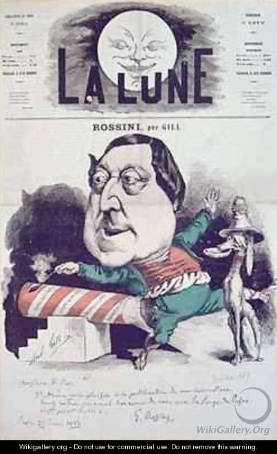 Front cover of La Lune magazine featuring a caricature of Rossini with a message and autograph of the composer - Andre Gill