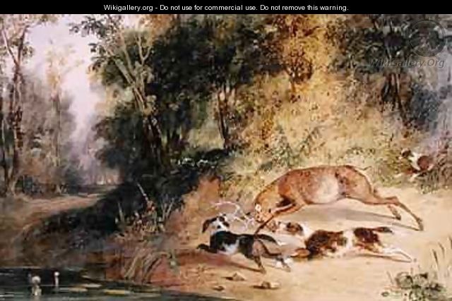 Deerhound and Bitch Cornering a Stag at the Edge of a Woodland Pool - Newton Fielding