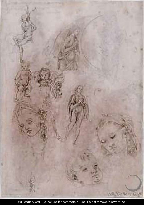 Sheet of studies with St Sebastian naked children and angels heads of Virgin and Jesus Child - Francesco di Simone da Fiesole Ferrucci