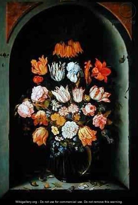 Still life of flowers in a niche with insects reptiles and flower petals - Jan Baptist van Fornenburgh