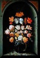 Still life of flowers in a niche with insects reptiles and flower petals - Jan Baptist van Fornenburgh