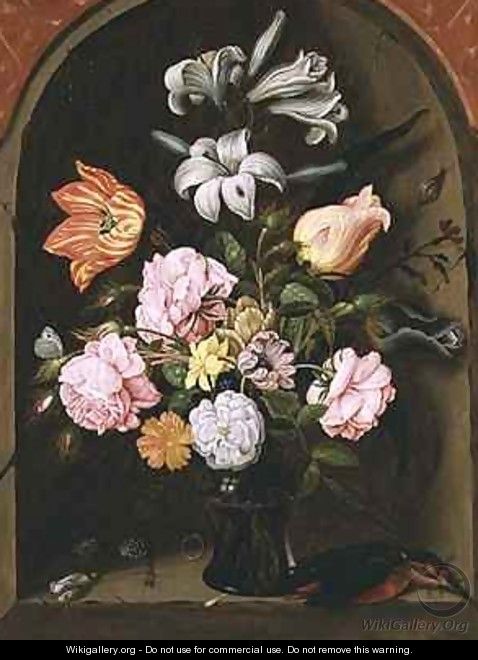 A Still Life of Flowers in a Vase and a Kingfisher on a Ledge - Jan Baptist van Fornenburgh