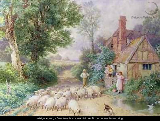 Shepherd and his flock passing a country cottage - Myles Birket Foster