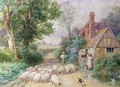 Shepherd and his flock passing a country cottage - Myles Birket Foster