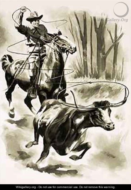 A cowboy ropes a steer from horseback with a lasso - Henry Charles Fox