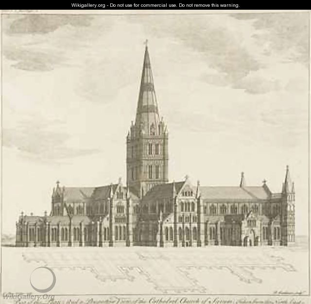 Part of the Plan and a Perspective View of the Cathedral Church of Sarum taken from the North East - Pierre Fourdrinier