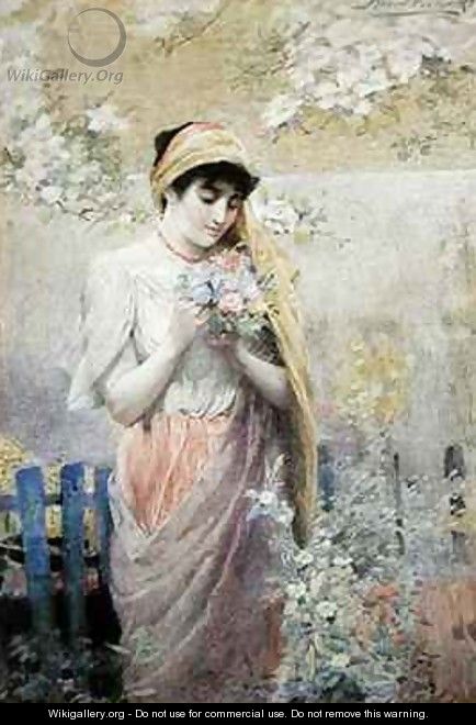 Study of a girl with a bouquet of flowers in a garden - Robert Fowler