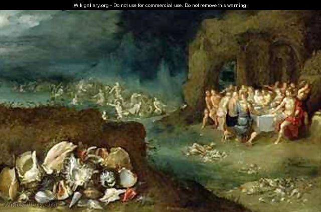 Still life of shells with the Feast of the Gods - Frans the younger Francken