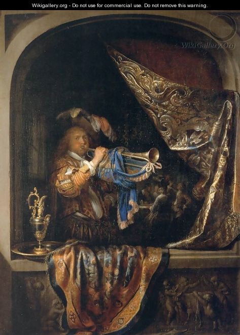 Trumpet-Player in front of a Banquet - Gerrit Dou