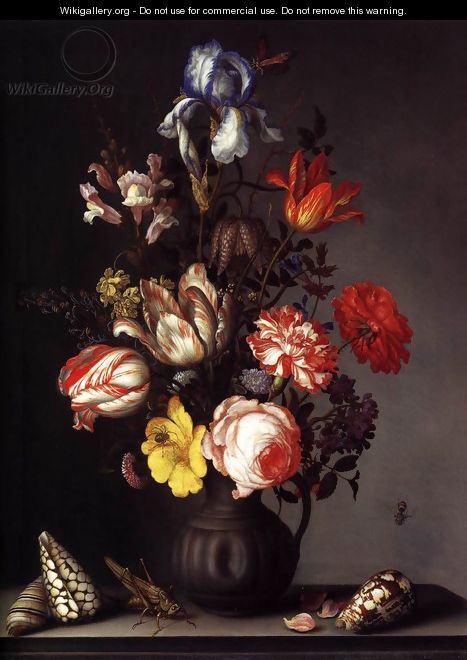 Flowers in a Vase with Shells and Insects 2 - Balthasar Van Der Ast