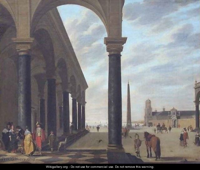 Portico Facing a Square with Obelisk and Figures - Gerard Houckgeest