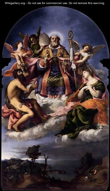 St Nicholas in Glory with Sts John the Baptist and Lucy - Lorenzo Lotto