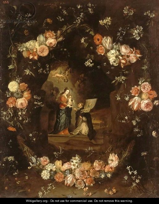 Madonna with the Child and St Ildephonsus Framed with a Garland of Flowers - Jan van Kessel