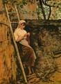Country Girl Leaning against a Ladder - Sylvestro Lega