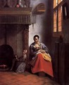 A Woman Nursing an Infant with a Child and a Dog - Pieter De Hooch