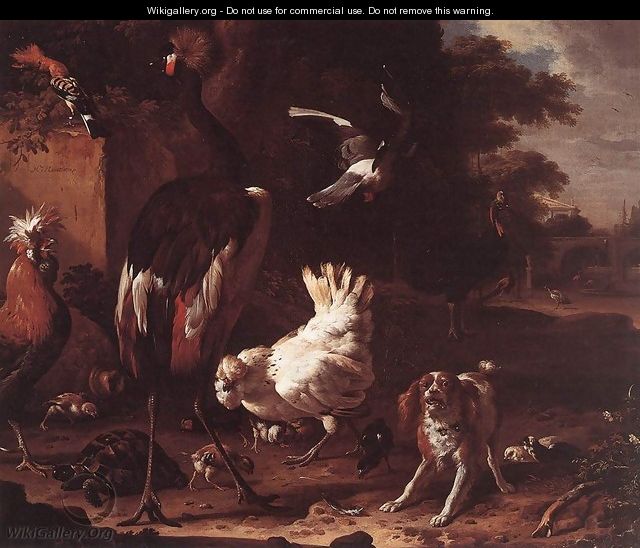 Birds and a Spaniel in a Garden 2 - Melchior de Hondecoeter
