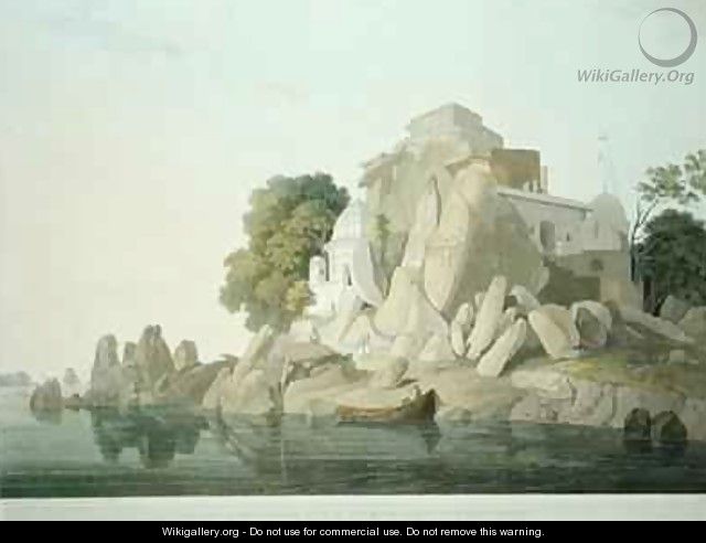 SW View of the Fakeers Rock in the River Ganges near Sultaungunge - Thomas & William Daniell