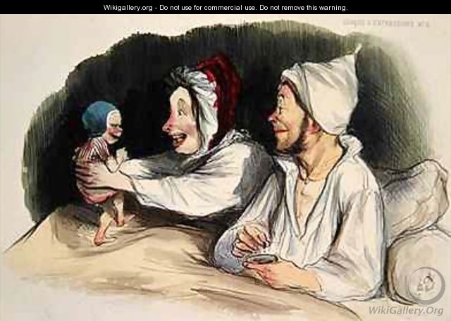 Ecstatic parents with their new baby - Honoré Daumier