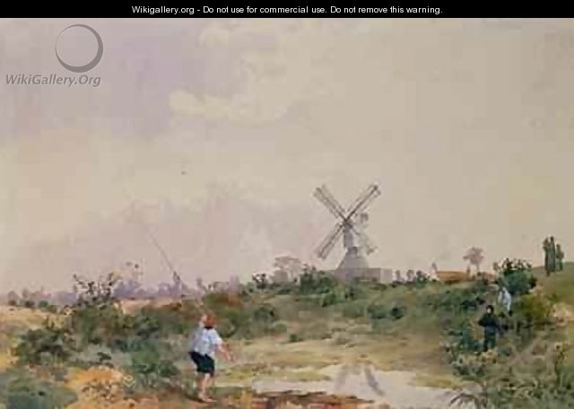 The Windmill on Wimbledon Common with a Boy Fishing - J. B. de Fleury