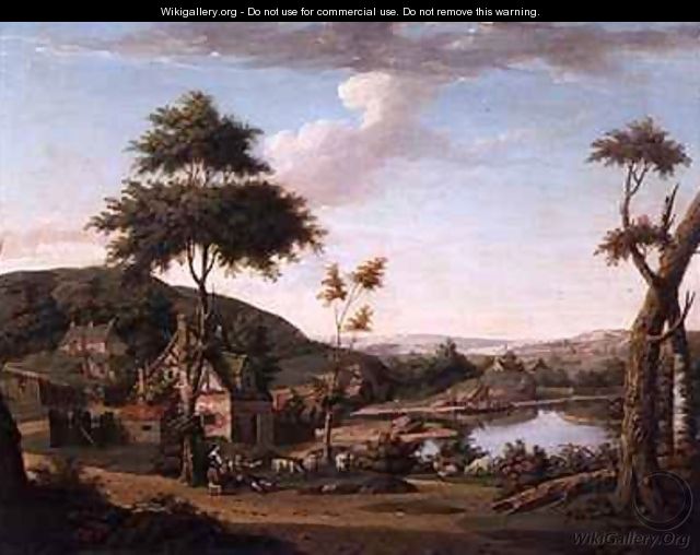River landscape with Figures Outside a Cottage - William Deas
