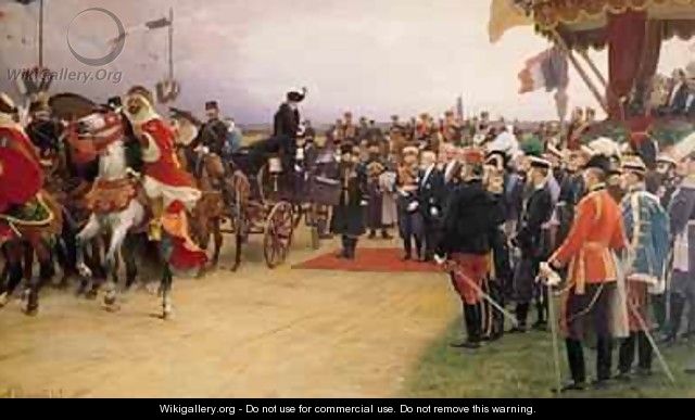 President Emile Loubet 1838-1929 Welcoming Tsar Nicolas II 1894-1917 and the Empress Alexandra 1872-1918 to the Camp at Betheny - Albert Pierre Dawant