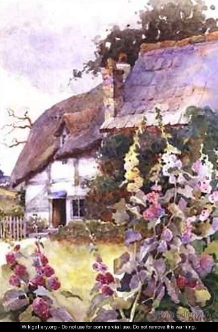 Hollyhocks Outside a Thatched Cottage - Ethel Davies