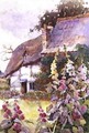 Hollyhocks Outside a Thatched Cottage - Ethel Davies