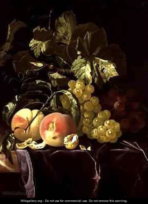 Still Life of fruit nuts and leaves on velvet cloth - Isaak Denies