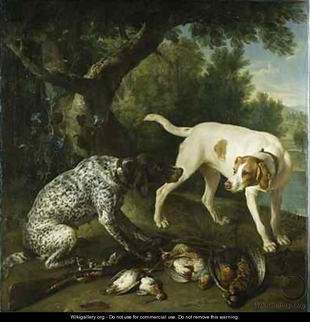 Two pointers belonging to the 3rd Earl of Burlington with dead game in a landscape - Alexandre-Francois Desportes