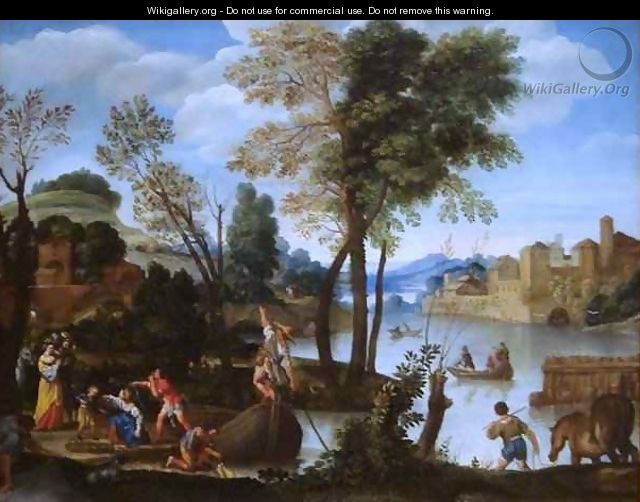 An Italianate River Landscape with Poling Boatman and a Woman with a Basket of Crabs - Domenichino (Domenico Zampieri)