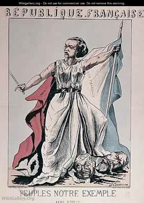 Personification of the French Republic as Louise Michel 1830-1905 trampling on the heads of Louis Adolphe Thiers 1797-1877 and Napoleon III 1808-73 - J. Corseaux