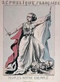 Personification of the French Republic as Louise Michel 1830-1905 trampling on the heads of Louis Adolphe Thiers 1797-1877 and Napoleon III 1808-73 - J. Corseaux