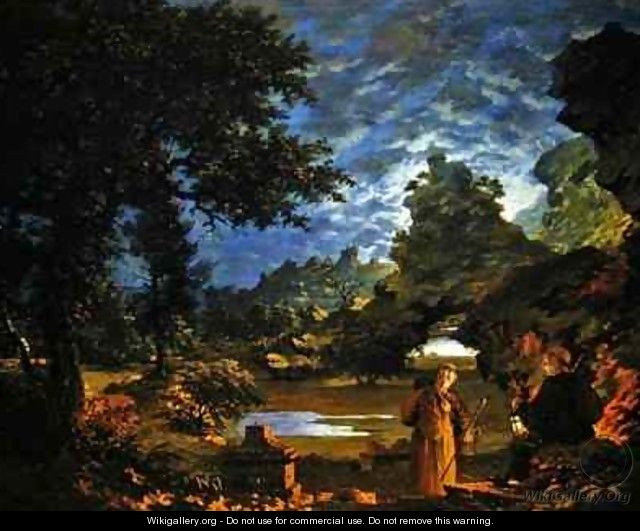 Monks with a Lantern in a Rocky Moonlit Landscape - John Cranch