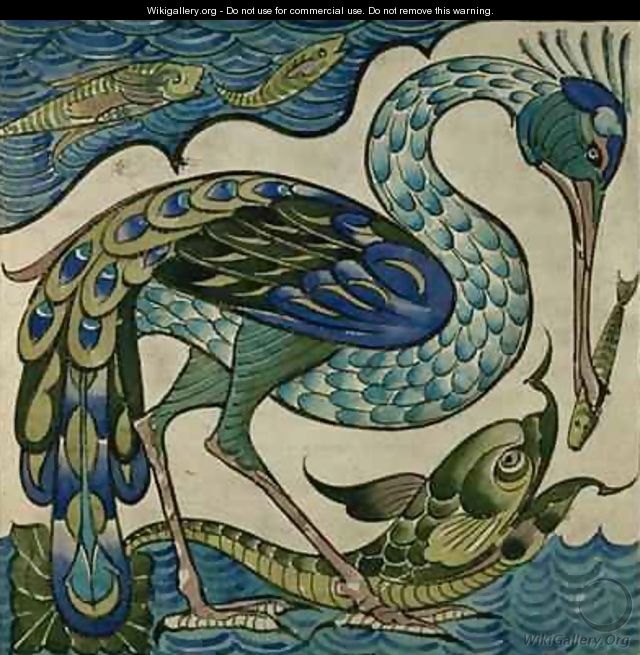 Tile design of heron and fish - Walter Crane
