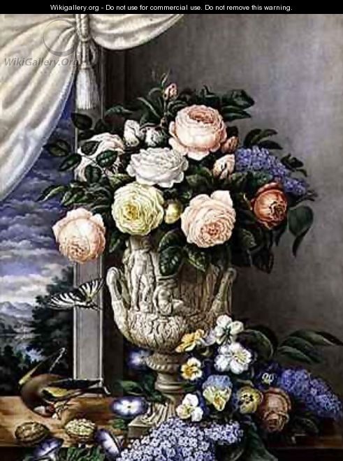 Flowers in a vase on a stone ledge - L. Cugnier