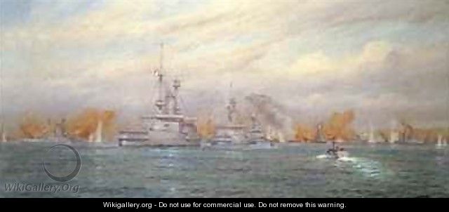 HMS Albion commanded by Capt A Walker Heneage completing the destruction of the outer forts of the Dardanelles in 1915 - Alma Claude Burlton Cull