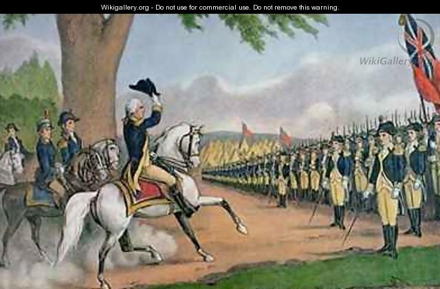 George Washington 1732-99 taking command of the American Army at Cambridge Massachusetts - Currier