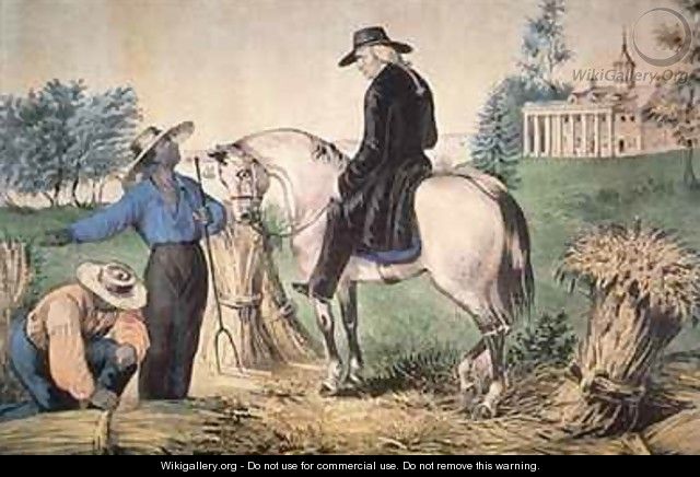 George Washington 1732-99 on his Mount Vernon estate with his black field workers in 1757 - Nathaniel Currier