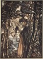 Brunnhilde slowly and silently leads her horse down the path to the cave, illustration from The Rhinegold and the Valkyrie, 1910 - Arthur Rackham
