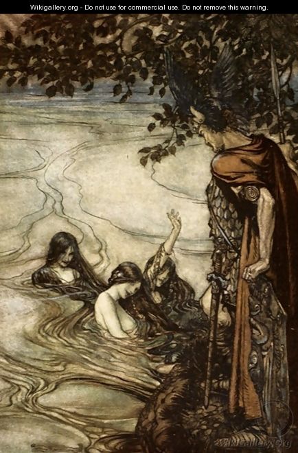 Though gaily ye may laugh, in grief ye shall be left. For mocking maids, this ring ye ask shall never be yours, illustration from Siegfried and the Twilight of the Gods, 1924 - Arthur Rackham