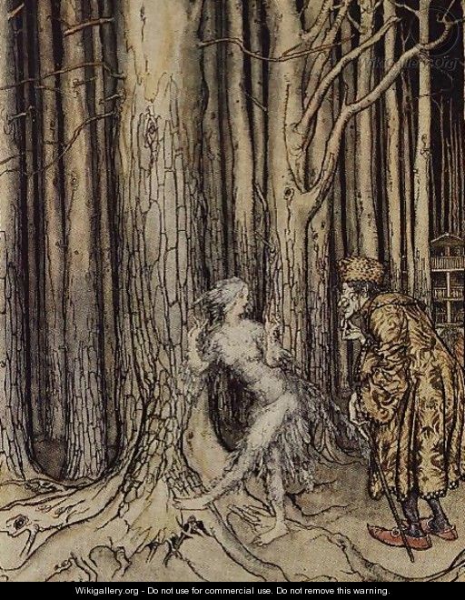 At last she met the bridegroom who was slowly coming back, illustration for Fitchers Bird, from Little Brother, Little Sister, by the Brothers Grimm, 1917 - Arthur Rackham