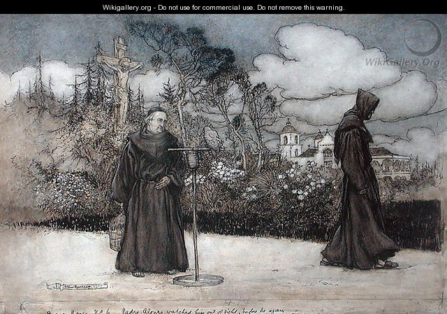 Padre Alonzo watched him out of sight, illustration from Good Night by Eleanor Gates, 1907 - Arthur Rackham
