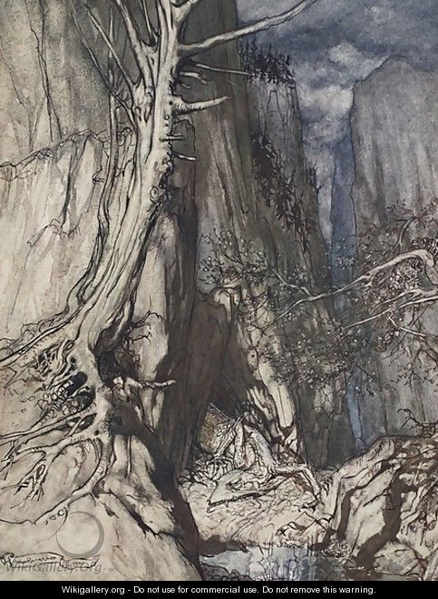 There is a dread Dragon he sojourns, And in a cave keeps watch over Alberichs ring, illustration from The Rhinegold and the Valkyrie, 1910 - Arthur Rackham